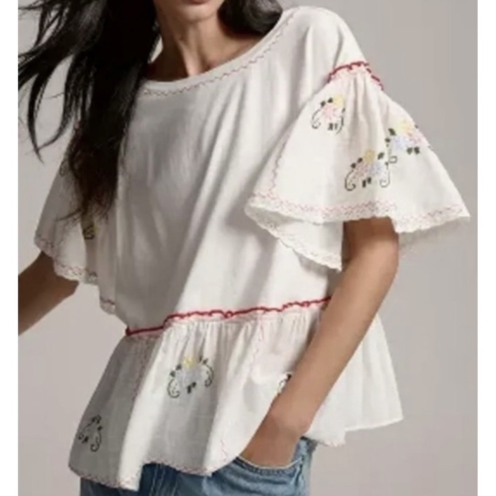 Anthropologie White Embroidered Peplum Blouse Red Ric Rac Trim Flutter Sleeve M - Picture 2 of 9